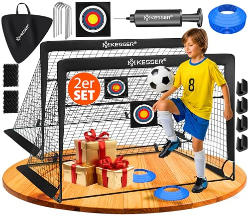KESSER® Fussballtor 2er Set | Tolles Fußball Geschenk für Kinder, Indoor und Outdoor Garten : Antirutsch - Inkl. Fussball Trainingszubehör: Hütchen, Zielscheibe, Sporttasche, Ballpumpe, Schwarz