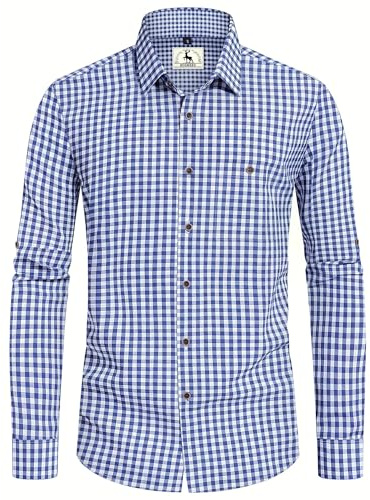 Trachtenhemd Herren Oktoberfest Hemd Outfit Tracht kariertes Hemd Blau Trachtenhemden Kurzarm Freizeithemd Langarm Karohemd Baumwolle L