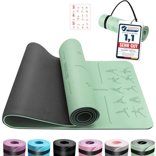 OUTDOUSE Yoga Matte, TPE Yogamatte Rutschfest Hautfreundliche Gymnastikmatte mit Ausrichtungslinien Sportmatte Dicke 6mm, Fitnessmatte Turnmatte Pilates Matte mit Tragegurt 183x61cm