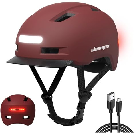 Shinmax Fahrradhelm Herren Damen, Helm Fahrrad mit USB Licht 5 Modi Fahrradhelm mit Visier, Mountainbike Helm Rennradhelm Erwachsen für Scooter Urban Pendler Dark-red XL