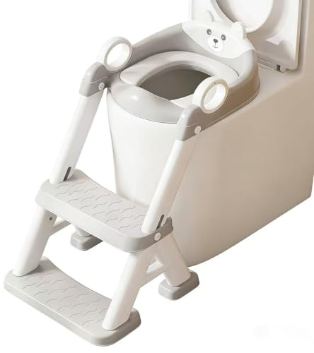Toilettentrainer für Kinder für Jungen und Mädchen, 2 in 1 Kind Toilettensitz mit Treppe, Spritz und Rutschfestes Trittbrett, 6-stufig höhenverstellbar, PP/TPR/PVC Material,54 x 35 x 20 cm (Grau)