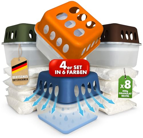 KARAT 4 x Luftentfeuchter mit 8 x 400g Nachüll-Beutel Granulat Raumentfeuchter nachfüllbar & wiederverwendbar (Blau, HAVA)