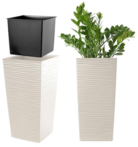 KADAX Pflanzkübel mit Innentopf, Höhe 46.5cm, 24x24cm, ca. 13L – Creme, Frostsicherer Blumentopf für Innen & Außen, Garten, Balkon & Terrasse, UV-beständig, wetterfest
