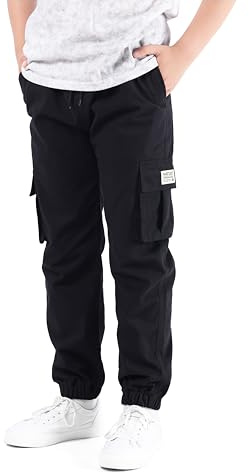 NATUST Jungen Cargohose Kinder Freizeithose Jogginghose Jungs Cargo Hose mit Elastischem Bund Schwarz 146-152