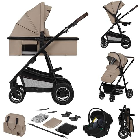 LIONELO Amber 3-in-1 Kombikinderwagen, Babywanne, Sportsitz, Autositz | i-Size (40–87 cm), Luftreifen, wendbar, XXL-Dach UPF 50+, Tasche, Moskitonetz, Regenschutz