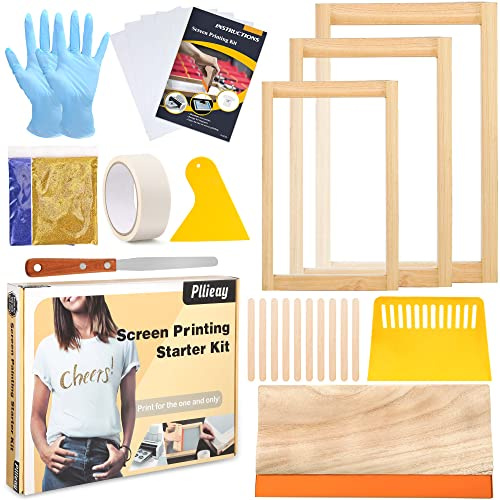 Pllieay 26-teiliges Siebdruck-Starter-Set, 3 verschiedene Größen, Holz-Siebdruckrahmen mit 110 Netzen, Siebdruck-Rakel, Tintenstrahl-Transparenzfolie, Tintenmesser, Maskenband, feiner Glitzer