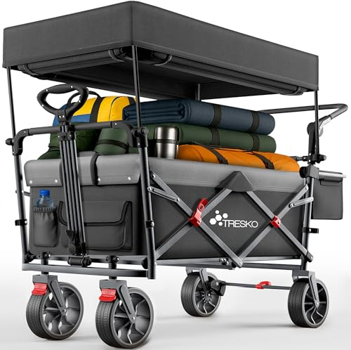 TRESKO® Bollerwagen Faltbar mit Dach, Kühlfach & Seitenrollos | Handwagen max. belastbar bis 150kg | Transportwagen mit Vollgummireifen & Feststellbremsen (Vorne & Hinten) und 3-Punkt-Gurt (Schwarz)