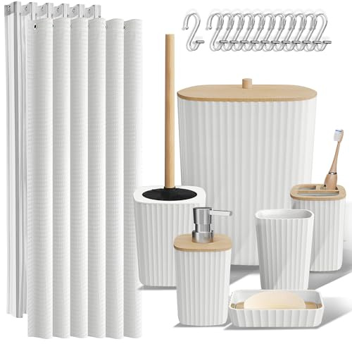 Clara Clark Badezimmer-Zubehör-Set – Badezimmer-Set, 20-teiliges Badezimmer-Zubehör-Set, weißes Duschvorhang-Set, WC-Bürste, Mülleimer und Seifenspender
