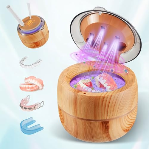 Voraiya Ultraschallreinigungsgerät mit LED-Anzeige, 200ml Ultraschallreiniger Dental Pod 4-UV Effektiver Gebissreiniger für Mundschutz Zahnprothesen Zahnspangen Zahnersatz (Holzton)