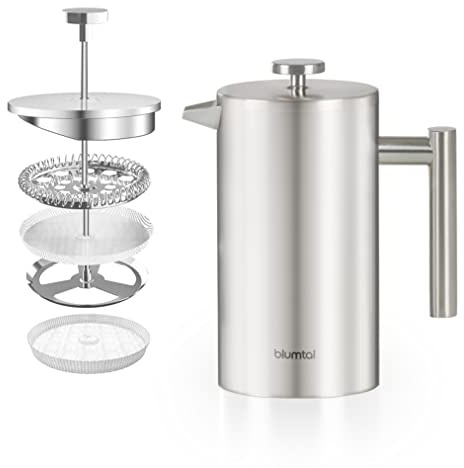 Blumtal French Press aus Edelstahl 600 ml (3 Tassen) - Thermo Kaffeebereiter doppelwandig isoliert mit Messskala inkl. Ersatzfilter & Anleitung, Spülmaschinengeeignet, Erhältlich in 3 Größen