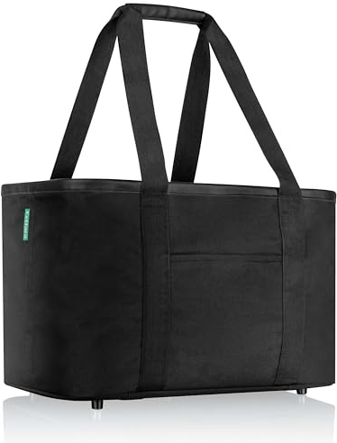 COTTARA® Faltbare Einkaufstasche groß mit verstärktem Boden und bequemen PU Ledergriff einsetzbar als 30L Einkaufskorb faltbar, Tragetasche, Shopper oder Korb einkaufen schwarz 30 L