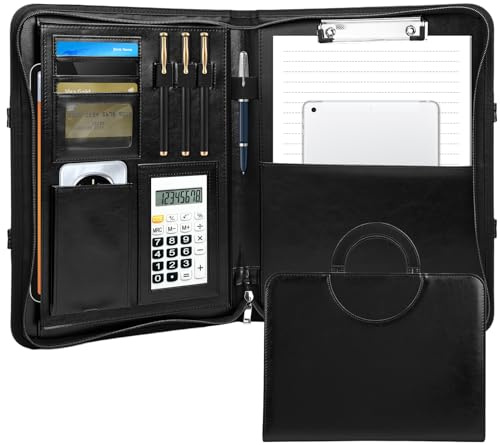 Hochwertige vegane Leder-Businessmappe mit Reißverschluss, Padfolio-Organizer für Damen und Herren, Mappe mit Kartenfach, Schreibblock und Kartenfach für Business, Schule und Arbeit