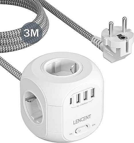 LENCENT 4 Fach Steckdosenleiste Steckdosenwürfel Mehrfachsteckdosen | 8 in 1 Cube Steckdose Steckerleiste mit 3 USB, 1 Typ-C, USB Mehrfachstecker mit 3 Meter Geflochtenem Kabel für Wandsteckdose
