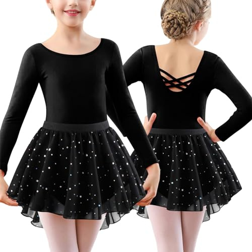 FEOYA Mädchen Langarm Ballettkleidung Baumwolle Ballettkleid Kinder Ballett Trikot mit Ballettrock Rückenfrei Ballettanzug Glitzer Tanzkleid Modisch Turnanzug Ballettbody mit Rock Tütü 120-160