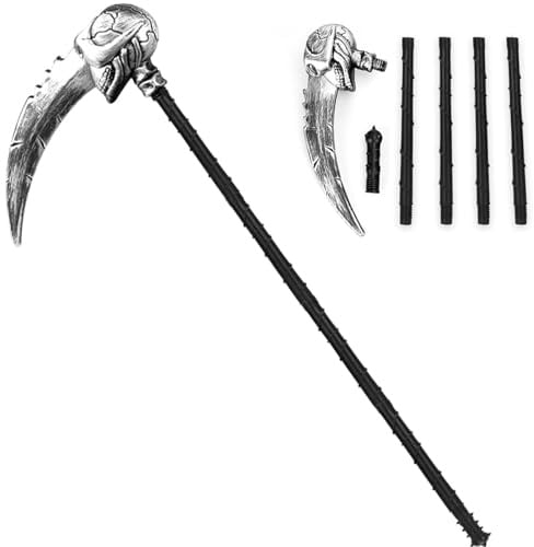 Halloween Sense - 146 cm Furchterregender Geisterkopf mit 5 Gewindestock,Gruselige Sensenmann Sichel Zerlegbar,Sense Halloween Kostüm Accessoire Grim Reaper Waffe Zubehör für Erwachsene Kinder