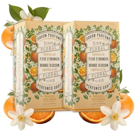 Panier des Sens Feste Seife Orangenblüte 2x150g Savon de Marseille | 3-fach gemahlene Marseille Seife für ein besonders feines, festes Seifestück mit cremigem Schaum, Hand & Körper Duftseife