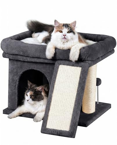 Aechonow Kratzbaum für Große Katzen Stabil, Katzenbaum mit Groß Liegefläche(51x41cm), 2 Tier Katzenhöhle Tonne Bett für Indoor Adulte Katzen, Dunkel Grau