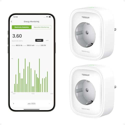 TESSAN 2 Stück WLAN Smart Steckdose mit Strommessung, Smart Life Steckdose | 3680 W Plug Steckdosen Alexa Zubehör, Sprachsteuerung, Schalter Strommessung Kompatibel mit Google Home Alexa
