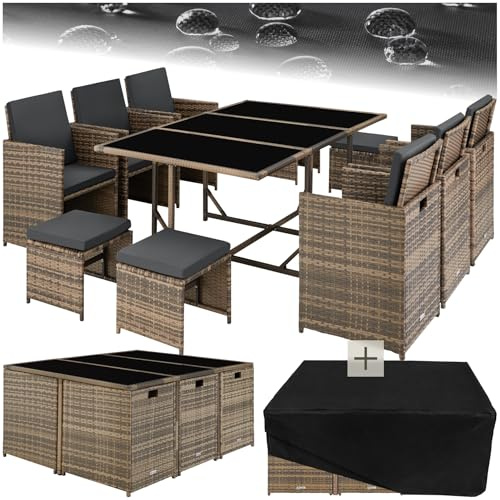 tectake® Outdoor Balkon Gartenmöbel Set, Lounge mit 6 Stühlen, 4 Hocker und 1 Tisch, Poly Rattan Geflecht, wetterfest, platzsparend - Natur
