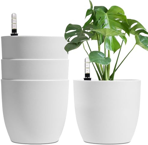 T4U Blumentopf mit BewässerungssystemRund 22cm 4er Set, Gross Innen Weiß | Selbstbewässerungstopf, Plant Pot, Wasserspeicher, Kräutertopf, Monstera, Rosmarin, Hydrokultur, Innenbereich, Außenbereich