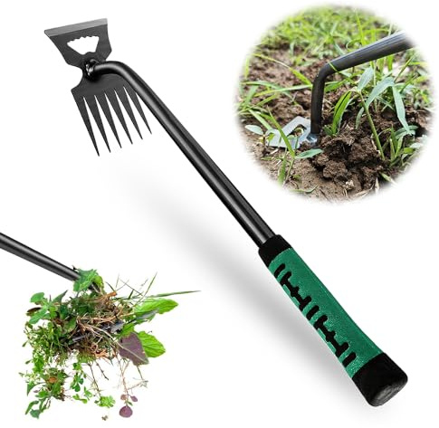 ZEIEYA Gartenarbeit Hand Unkrautstecher, Gartenwerkzeug Unkraut Entferner Gerät, Entwurzelungswerkzeug Unkrautjäter mit Langem Stiel Unkrautjäter Fugenkratzer mit Stiel Gummigriff 6 Zähne
