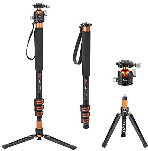 Refoni A304P Kamera-Einbeinstativ - Kompaktes Aluminium-Monopod Mit Kugelkopf Und 3-Bein Stativsockel, 183 cm, Für DSLR, Kompakte Systemkamera, Spiegellose Bis 15 kg