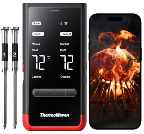ThermoMaven P2 Fleischthermometer Kabellos – WiFi & Bluetooth 5.3, 2 Sonden 6 Sensoren, ±0,3°C Präzise, IPX8 Wasserdicht, App-Steuerung, NIST & NSF Zertifiziert, Grillthermometer, Bratenthermometer