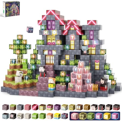 BINZKBB Magnetische Bausteine 198 Teile - Leuchtende Magnetblöcke,Kreatives | Magnetspielzeug Kinder, Lernspielzeug Kinder ab 5-12 Jahre,Geschenke Kinder,Baue Mine magische Welt