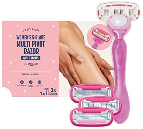 by Amazon für Damen, 5-Klingen Rasierer mit mehrachsigem Drehgriff, 3 Nachfüllpackungen, Rosa