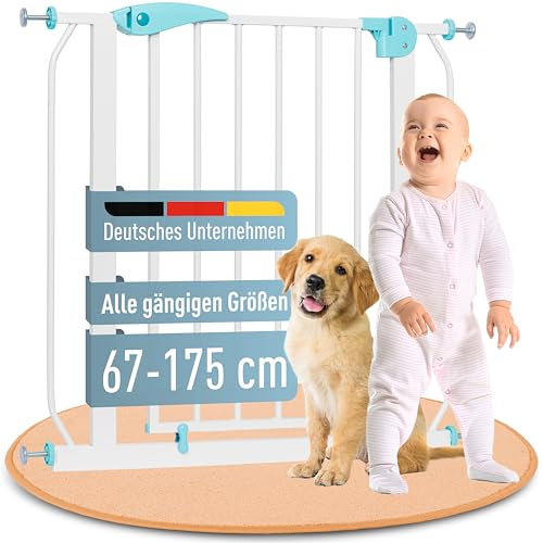IB STYLE Türschutzgitter Berrin 67-75 cm, Treppengitter für Babys, Treppenschutzgitter ohne Bohren, Baby Sicherheitsgitter, Türgitter zum Klemmen, Kindergitter, Weiß Türkis