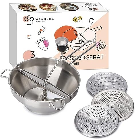 Wenburg Passiergerät 19,5 cm Durchmesser – Passiermühle aus rostfreiem Edelstahl, Passiersieb mit 3 austauschbaren Lochscheiben, spülmaschinengeeignet, Pürieren & Passieren von Obst & Gemüse