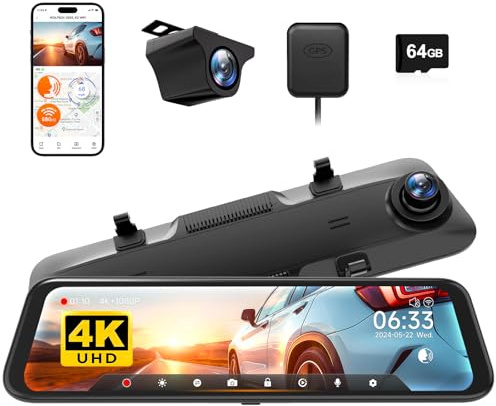 WOLFBOX 12'' G850 4K Rückfahrkamera Spiegel mit 5.8GHz WiFi und Sprachsteuerung, Dual Dash Cam Spiegel Auto Vorne und Hinten, Super Nachtsicht, Parküberwachung, Einschließlich 64 GB-Karte & GPS