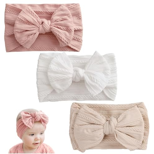 3 Stück Stirnband Baby Mädchen, Elastische Baby Haarband, Nylon Weiche Haarband Mädchen Stirnbandfür Neugeborene, Kleinkinder (Rosa und Weiß und Beige)
