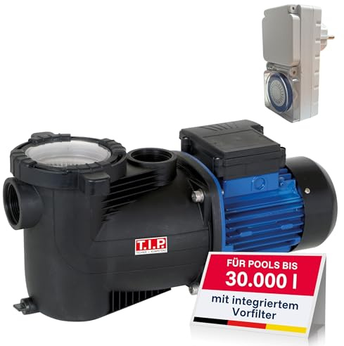 T.I.P. Poolpumpe mit Timer - Selbstansaugende Filterpumpe 10.000 l/h für 30 m³ Pools, 9 m Förderhöhe, Energieeffizient 400 W Leistung, Vorfilter integriert
