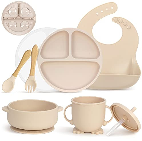 MOJINL Silikon Baby Geschirrset, Rutschfest Kindergeschirr Set mit Saugnapf | 7 Stück BPA Frei Esslernbesteck Sets mit Löffel Gabel Schüssel Lätzchen Becher Trinklernbecher und Teller mit Deckel