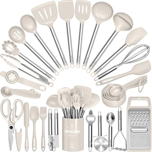 Umite Chef Küchenutensilien-Set, 34-teilig, Silikon-Kochutensilien-Set für antihaftbeschichtetes Kochgeschirr, Silikon-Spatel-Set, Edelstahlgriff, Khaki-Küchenhelfer, Werkzeuge, Töpfe und Pfannen