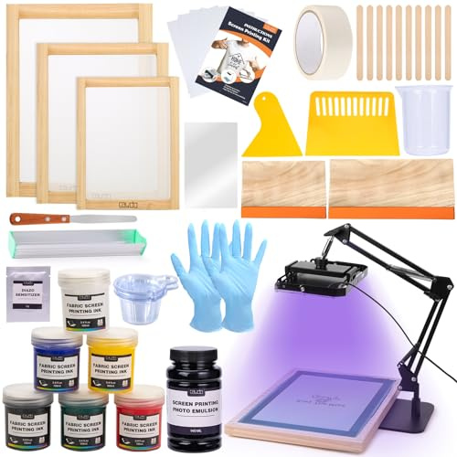 Caydo 54-teiliges Siebdruck-Set mit 50 W LED-UV-Belichtungs-Siebdrucklicht, 6 Farb-Siebdrucktinte, Siebdruck-Fotoemulsion, Emulsionsschaufel und Anleitung (evtl. nicht in deutscher Sprache)