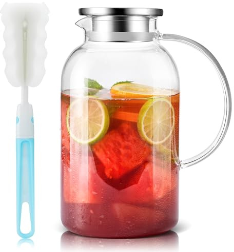 SUSTEAS 2.5 Liter 75oz Glaskaraffe mit Deckel, Leicht zu Reinigende Hitzebeständige Wasserkaraffe mit Griff für Heiße/Kalte Getränke - Wasser, Cold Brew, Eistee & Saft, Mit Bürste