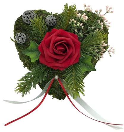 Radami Grabgesteck Grabschmuck Grabaufleger Moosherz Grabherz Trauerherz Grab Herz Gesteck und Rose (Rose Rot)