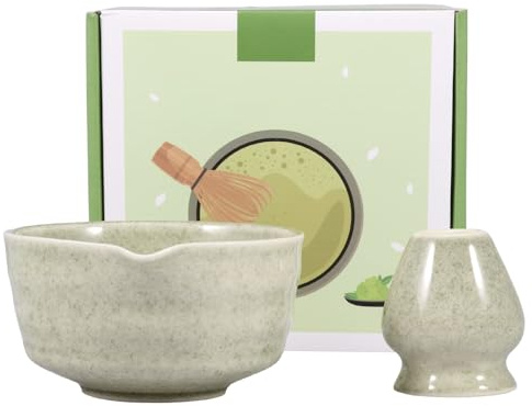 2 Teilige Japanische Matcha Schüssel aus Keramik mit Schneebesenhalter 500ML Chawan Einfach Liefert Schneebesen Teeschale, Chawan Matcha Teeschale für Anfänger DIY Liebhaber Starter(Matcha Grün)