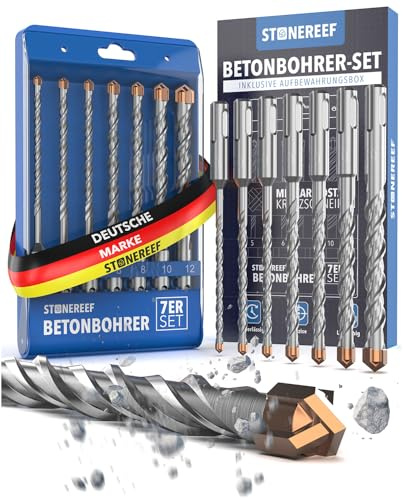 SDS Plus Betonbohrer – 7-teilig inkl. Kassette – Ø 5, 6, 6, 8, 8, 10, 12 mm x 156 mm – Profi Bohrset für Beton, Stein & Mauerwerk