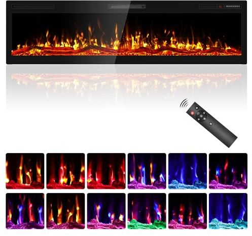 Quiniver 68 Elektrischer Kaminofen, Wandmontage/Einbau, 1500W & 750W Heizmodi, 7 Flammen- & 12 Glutfarbe, Fernbedienung & Touchscreen, 8h Timer, 40dB Leise, CE-Zertifiziert