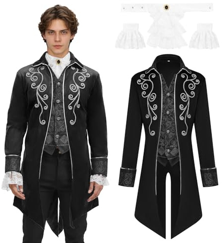 JDFAIJEAL Mittelalter Herren Steampunk Frack Mantel,Vintage Gothic Frack | Halloween Karneval Piraten Vampir Cosplay Kostüme für Männer,Renaissance Fantasy LARP Gewand Langarm,Retro Gothic Stil