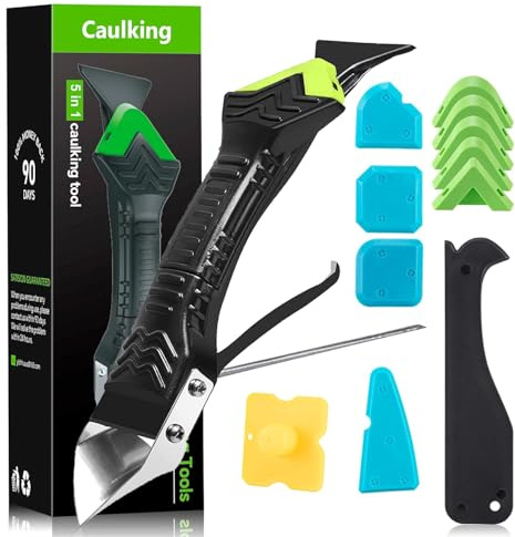 Silikonentferner 5-in-1 Werkzeug Set, Fugenkratzer & Silikon Abzieher | Edelstahl-Arbeitskopf, 4 Fugenglätter (15 Winkel), geeignet für Küche, Bad, Boden, Spüle und Fensterabdichtungen