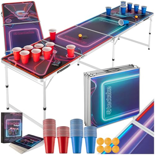 tectake® Bierpong Tisch mit Party Deko LED Beleuchtung, Aluminium Tisch höhenverstellbar, Klapptisch, Set mit Zubehör, Beerpong Table, inkl. 100 Plastikbecher, 6 Bälle und Trinkspiel Kartenspiel