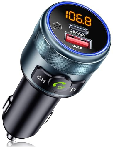 GizmoVine FM Transmitter Auto Bluetooth,5.3 Bluetooth Adapter Auto PD 30W & QC3.0 18W Schnelles,Ganzmetall Bluetooth Transmitter,HiFi-Bass-Sound,Freisprechanlage,KFZ Zigarettenanzünder