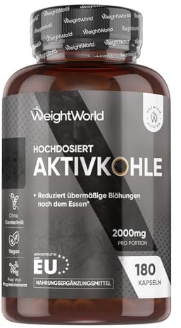 Aktivkohle Kapseln - 2000mg pro Portion - 180 vegane Kapseln - Quelle von Kokosnuss - 1 Monate Vorrat - 2 Mal 3 Kapseln täglich - Frei von Magnesiumstearat - WeightWorld