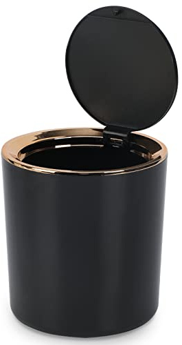 WOUMON Tischmülleimer Mit Deckel,Kunststoff Mülleimer Mini,Klein Mülltonne für Küche, Schlafzimmer, Bad, Schreibtisch,14.3 * 15cm (Schwarz)
