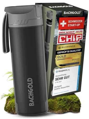 Bachgold® Profi Outdoor Wasserfilter Flasche I Entfernt 99,99% aller Bakterien und filtert Mikroplastik, Partikel und Chlor I Blackout & Krisensicher (Schwarz, 500ml)