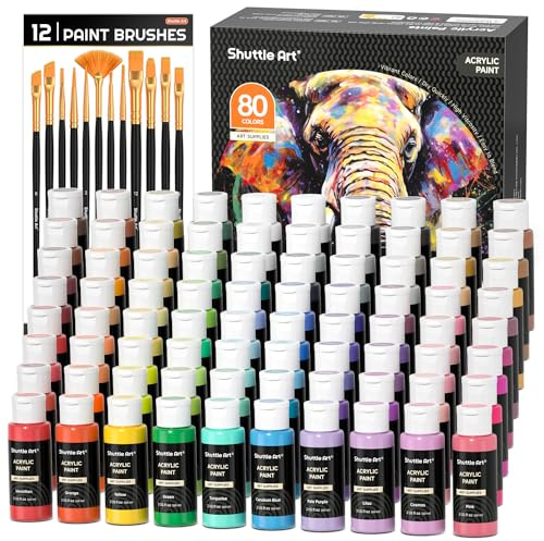 Shuttle Art Acrylfarben Set, 80 bunte Acryl Farben in Flaschen (je 60ml) mit 12 Pinselset, ungiftig, Acrylfarbe wasserfest für Künstler, Anfänger, Erwachsene auf Leinwand, Steine, Holz geeignet